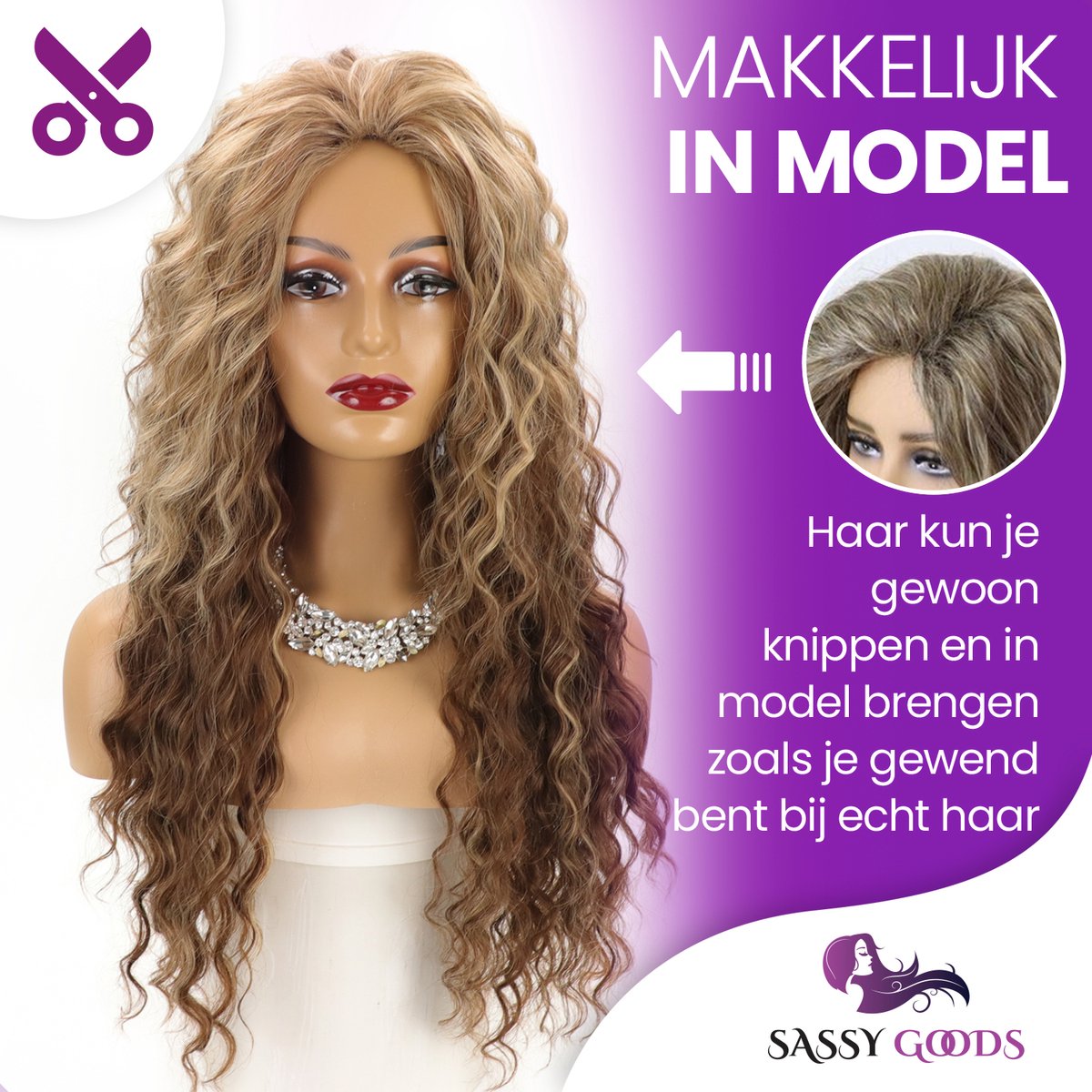 Luxe Krullen Pruik Dames - Pruiken - Haarstuk Met Net - Haarstukje - Hairextensions - Krul Haar - Haren Vrouwen - Bruin & Blond - Carnaval - 65 cm — afbeelding 4