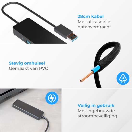 Nuvance USB Hub - USB Splitter & USB C Hub met 4 Poorten - USB 3.0 – 5Gbps - Inclusief USB-C Converter - Universeel - Zwart