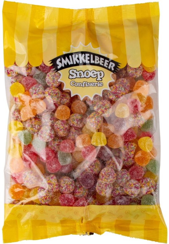 Zak met Smikkelbeer Tum Tum Mix snoepjes in diverse fruitige kleuren en vormen, met sprinkles.