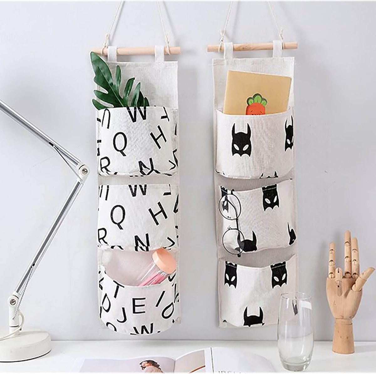 2 stuks hangorganizers, hangende opbergorganizers, waterdichte wandbovenhangtassen, opvouwbare linnen mand met zakken, wandorganizer met 3 vakken voor