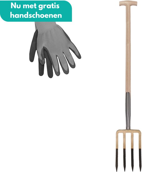 Foto: Homgar spitvork tuinvork mestvork stalvork bladvork hooivork 4 tanden essenhouten steel 85 cm nu met gratis handschoenen