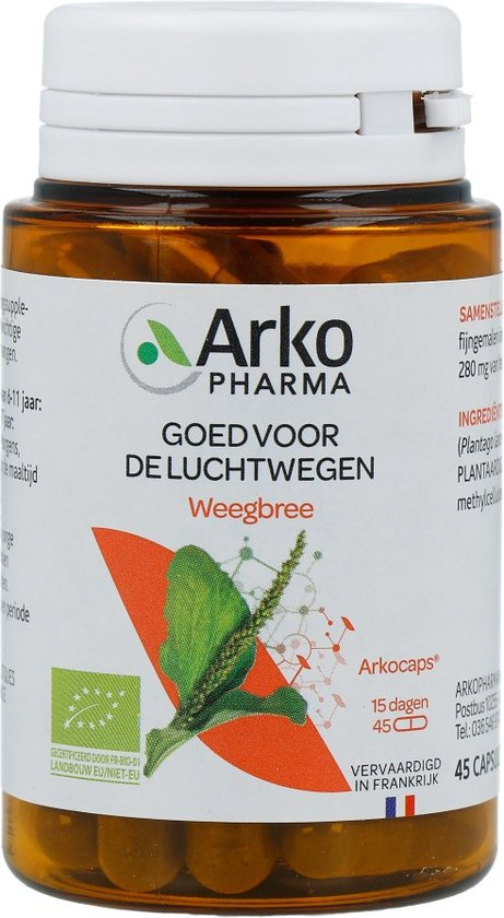 Flesje Arko Pharma Weegbree, met afbeelding van weegbreeplant en organisch EU-landbouw logo.