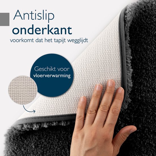 Hand die de antislip onderkant van een donkergrijze badmat laat zien. Geschikt voor vloerverwarming.