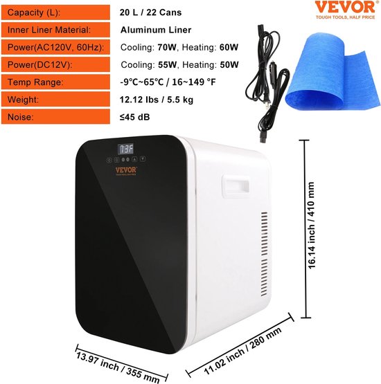 Wildor® Mini Koelkast - Koel/Verwarm kast, -9°C tot 65°C - Vrijstaand - 20 Liter - 3 Schappen - Compacte Drankkoelkast - Praktisch (draagbaar) - Wit Frame - Wit - 12Volt - Auto, Kamperen, Outdoor, Slaapkamer - Stille koelkast <45db