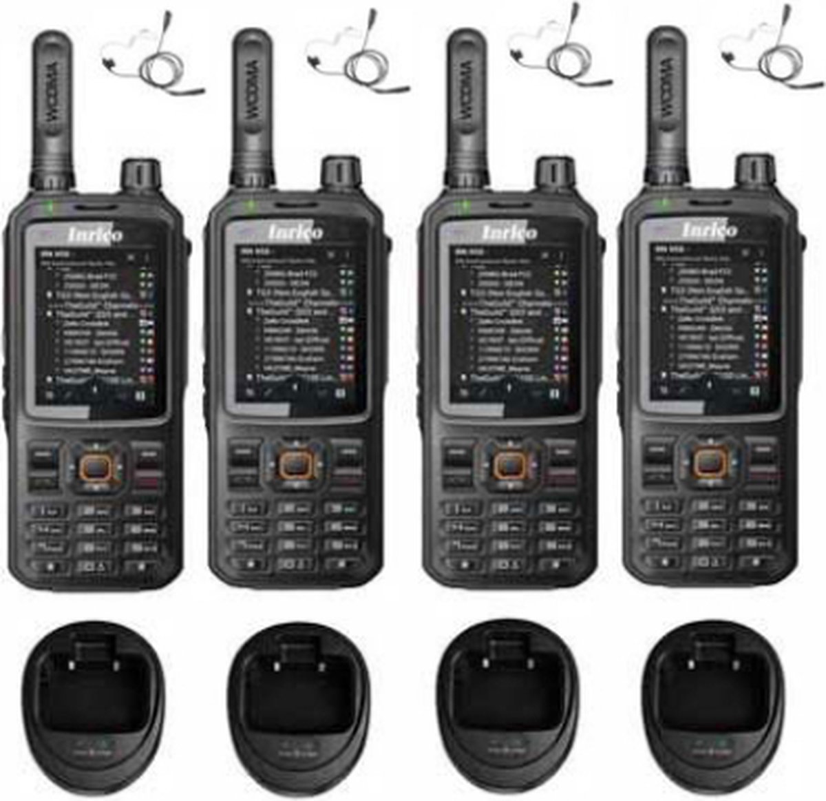 Set van 4 Inrico T320 V2 4G LTE Zello Portofoon, GPS, Wifi met tafellader en beveiliging oortje