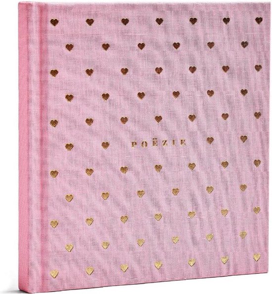 Roze poëziealbum met gouden hartjesprint en 'POËZIE' in gouden letters.
