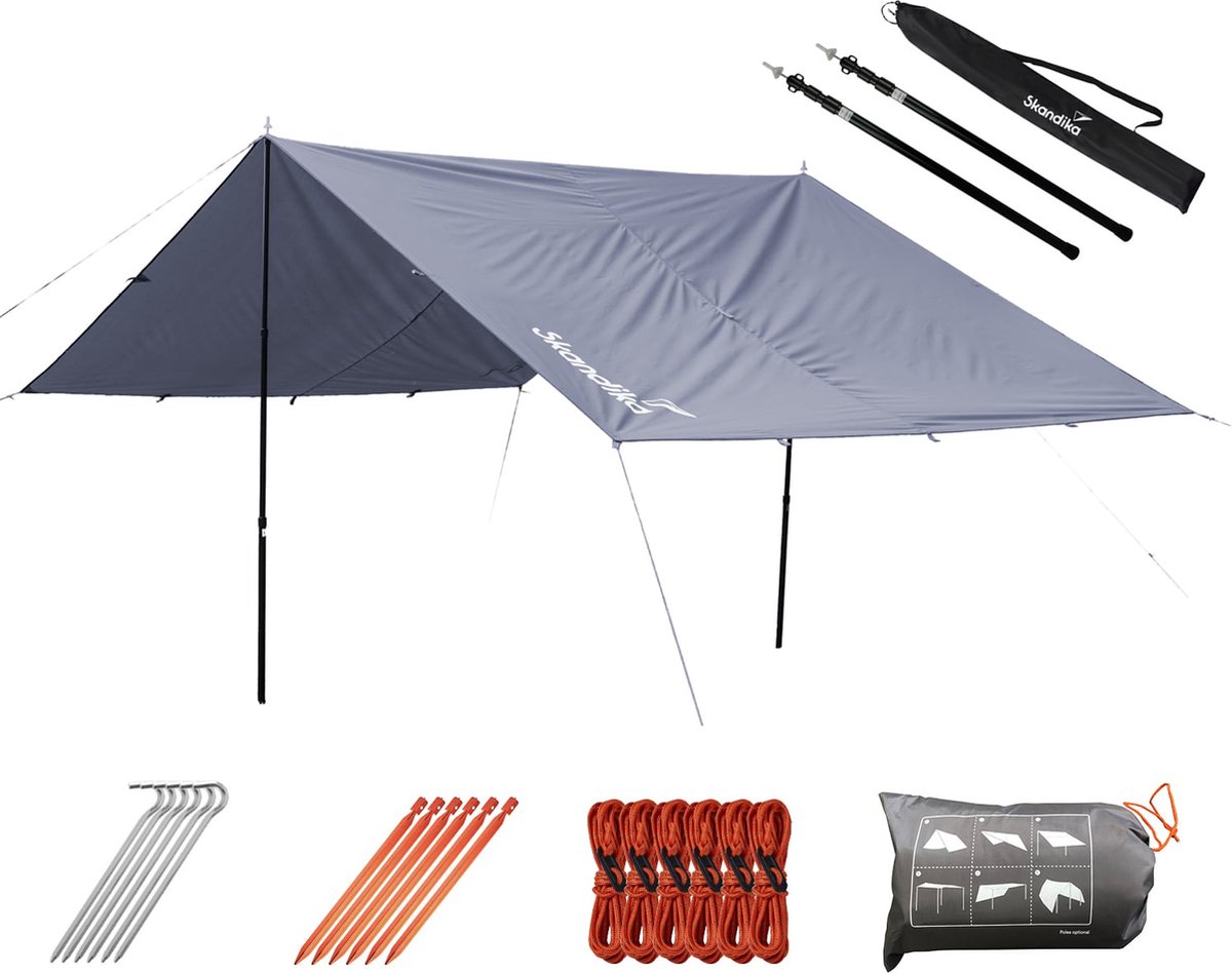 Skandika XL 5 x 3 m Zonnezeil Set met Telescoopstokken – Schaduwdoek – Luifel – Zonnescherm Zonwering rechthoekig waterdicht UV-bescherming UPF 50+ scheerlijnen haringen zon- en regenbescherming voor camping wandelen tuin balkon – grijs