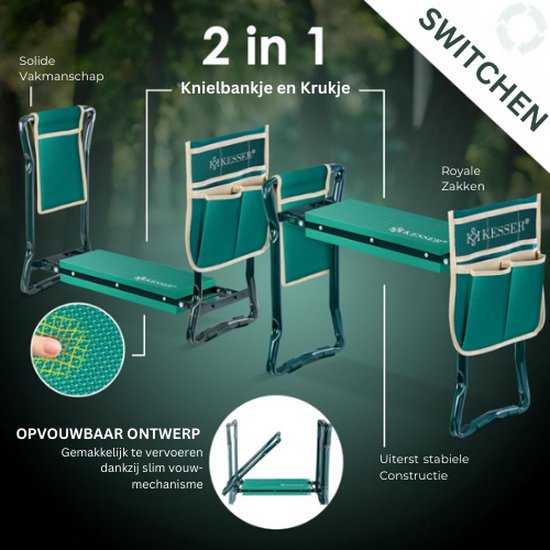 Uten Kniebank voor tuinieren, tuinkruk, inklapbaar, 2-in-1 werkkruk met EVA-schuimmat, gereedschapstas
