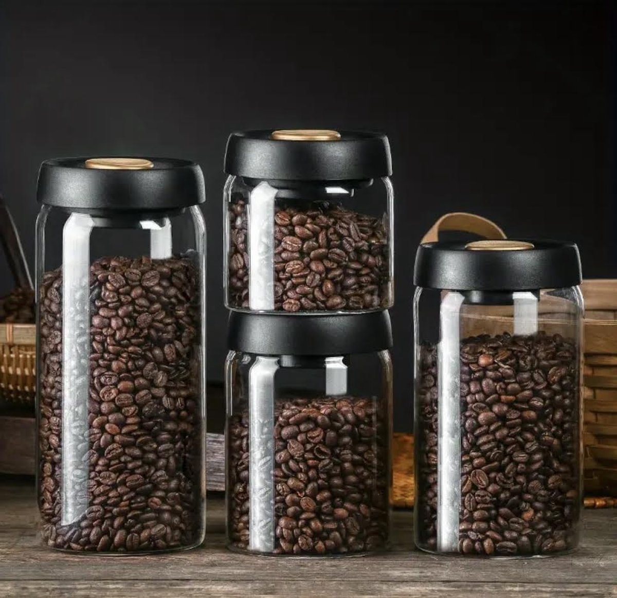 Milu Koffieblik uchtdicht | 500g, 700g | voorraadblik koffiebonen poeder roestvrij staal, vacuüm koffieblik voor thee noten cacao aromabli (Zwart, 700g