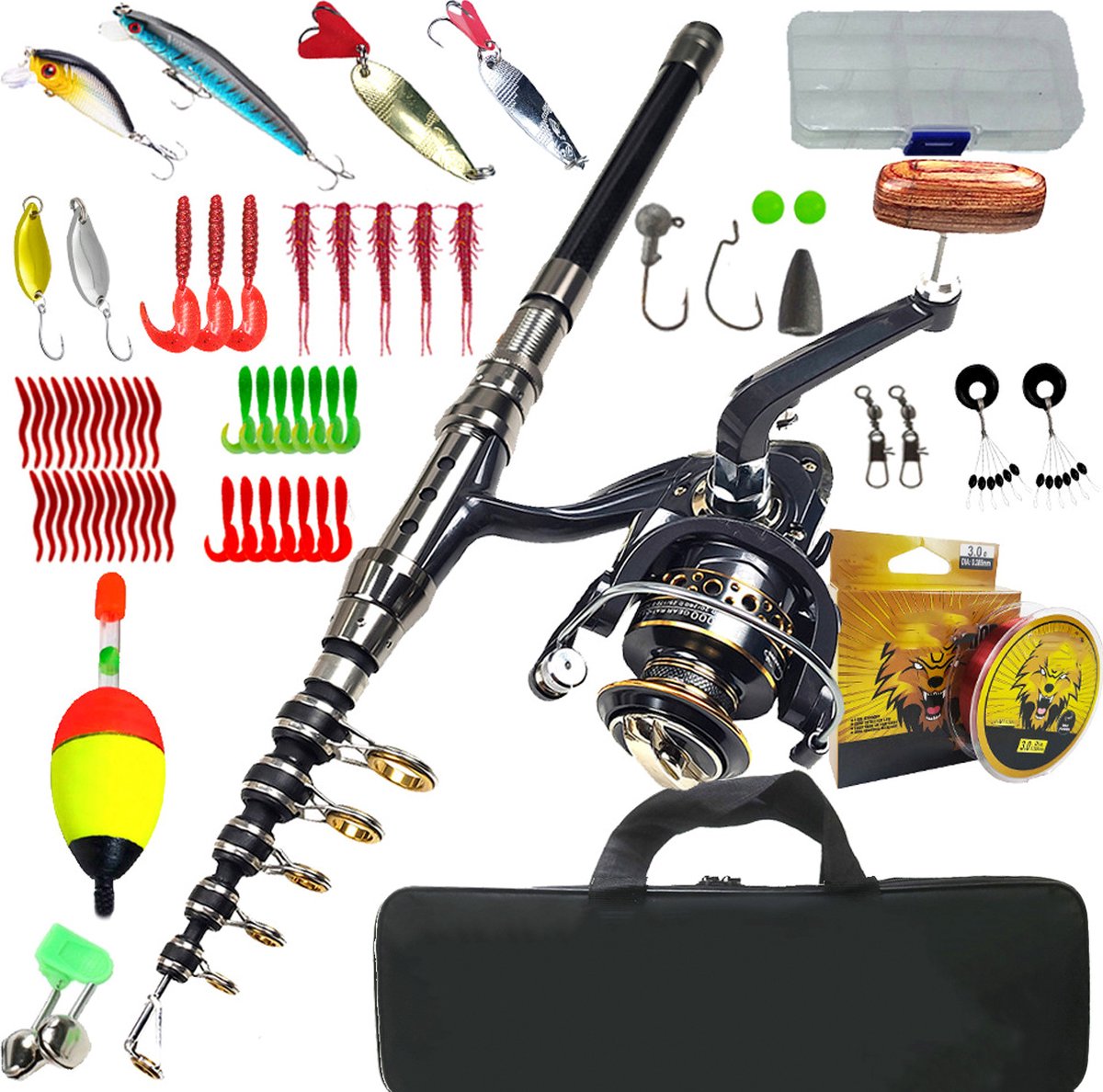 Goedkoopste Vishengel Set - Hengel - 64 delige Hengelset - 1.8m - Hengelsport - Incl. Opbergtas - Telescopisch - Hengel - Watersport - Vishengel set - Telescoophengel - Visset - Werpmolen - 100 Meter Vislijn - Vishengel set - Vishengel Kinderen