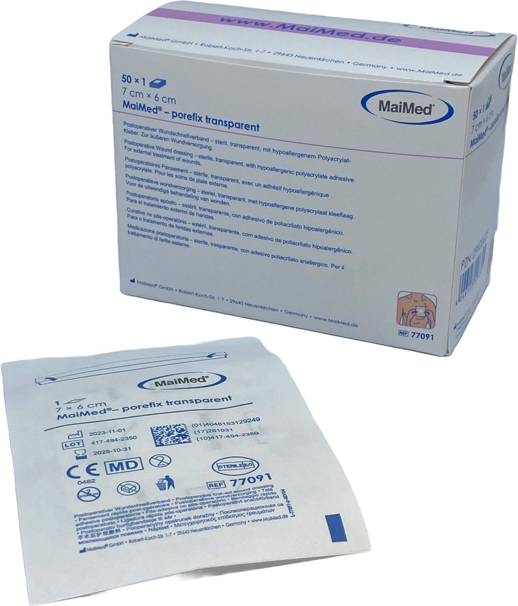 Goedkoopste Maimed porefix transparant, waterproof, pleister 7cm x 6 cm (per stuk steriel verpakt 50 stuks