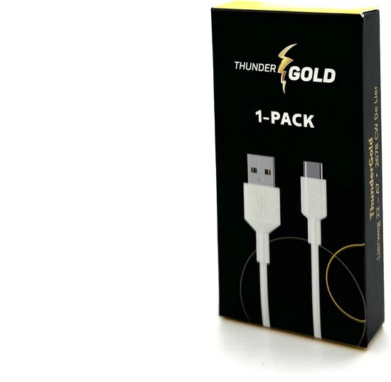 Doosje met "THUNDER GOLD 1-PACK" en afbeelding van een witte USB-A naar USB-C kabel.