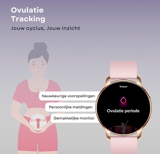 Kiraal Valencia Montre connectée AMOLED pour Femme - Bracelet en Acier Inoxydable, Cuir et Siliconen - Moniteur de Fréquence Cardiaque - Podomètre - Moniteur de Sommeil - Multisport - Compatible Android et iOS - Or Rose et Rose