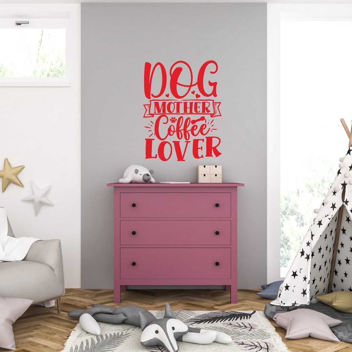 MC Living Muursticker - Dog Mother Coffee Lover - 40,6 x 51,8 - Rood