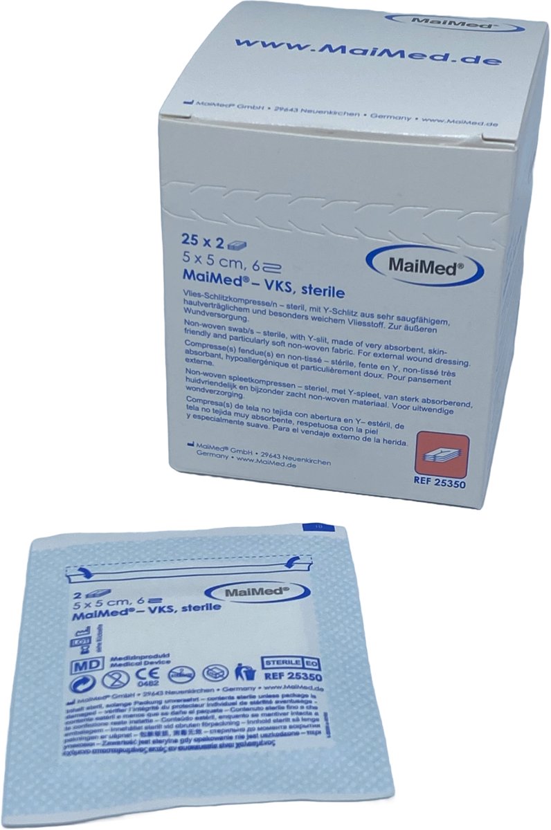 Goedkoopste Maimed Non-woven split kompres 5x5cm - per 2 stuks steriel verpakt - (50 stuks