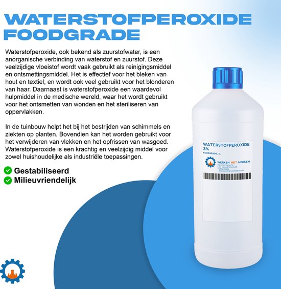 Witte plastic fles met blauwe dop, met etiket 'WATERSTOFPEROXIDE 3% FOODGRADE'. Achtergrond met blauwe cirkel en tekst over toepassingen.