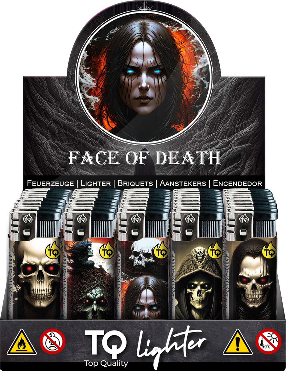 Goedkoopste Elektronische aansteker hervulbaar - Design Face Of Death - Display 50 stuks - wegwerpaansteker - electronic lighter - klik aanstekers