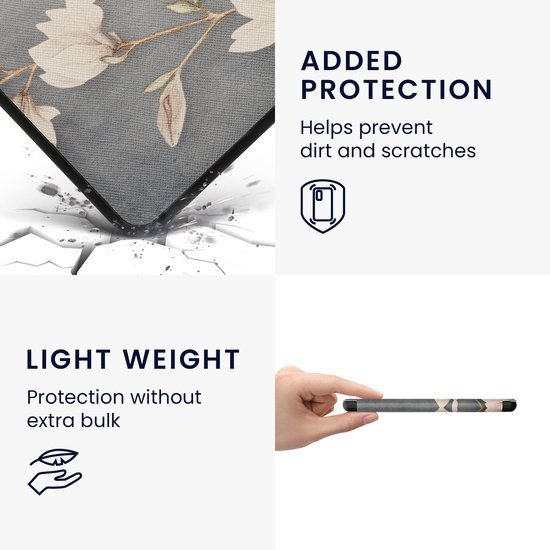 kwmobile e-reader hoesje geschikt voor Kobo Libra Colour hoes - E reader flip case met magnetische sluiting - Ereader cover - Magnolia design in taupe / wit / blauwgrijs van Merkloos — afbeelding 2