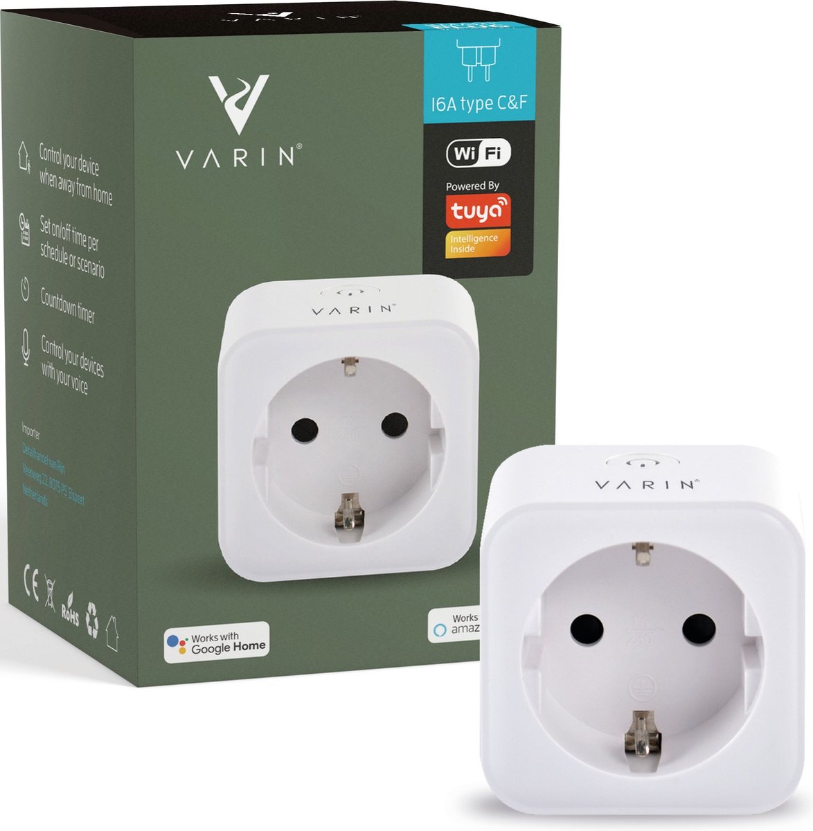 Varin® Slimme stekker met energiemeter - 16A - Voor type C & F stekkers - Tijdschakelaar - Bediening app - Smart plug - Voice control Google Home en Amazon Alexa - Smart lamp - Tuya wifi - Slimme verlichting woonkamer, keuken, slaapkamer, hal