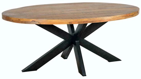 Eettafel - Tafel - Ovaal 5 cm dik - Mango hout - Naturel - 200x100x77 - Spinpoot metaal - Mat gelakt