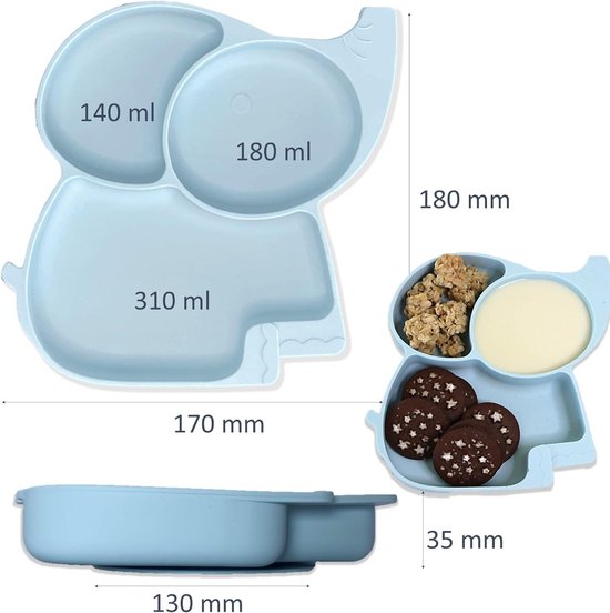 Babybord van siliconen x 2 - kom met zuignappen - bestek van hout - spatwaterdicht - kinderbord - babycompartimenten - 3 stuks van Joissy. — afbeelding 4
