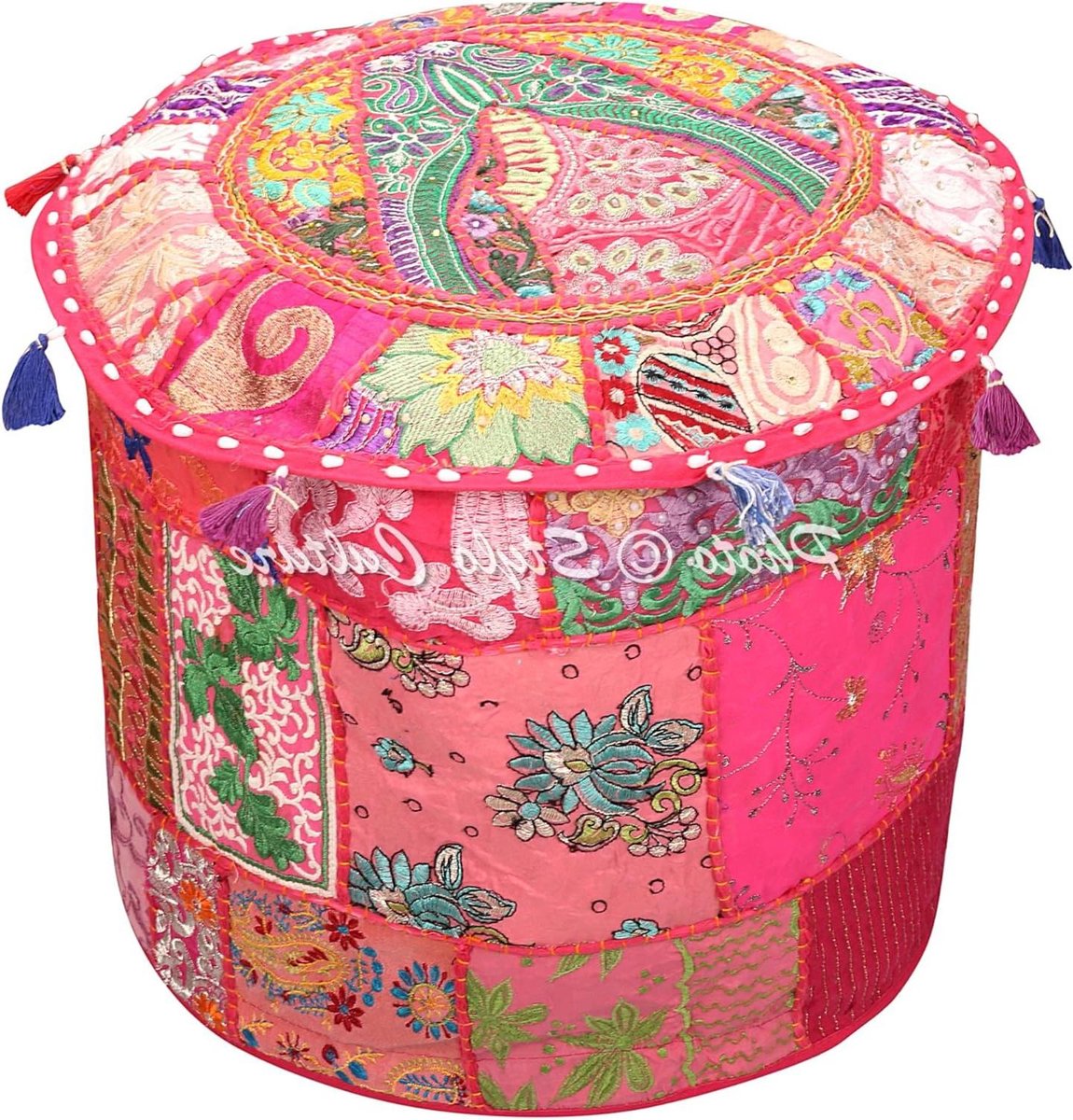 Roze Etnische Geborduurde Patchwork Katoen Traditionele Ronde Poef Ottomaanse Cover - 45cm - 18x18x13 Inch