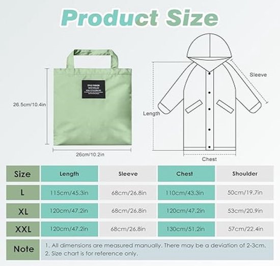 LAMA Stijlvolle lange regenjas, uniseks, regenponcho met waterdichte klepzak, capuchon, trekkoord, regenkleding, regencape, regenjas, voor volwassen dames en heren, groen, One Size