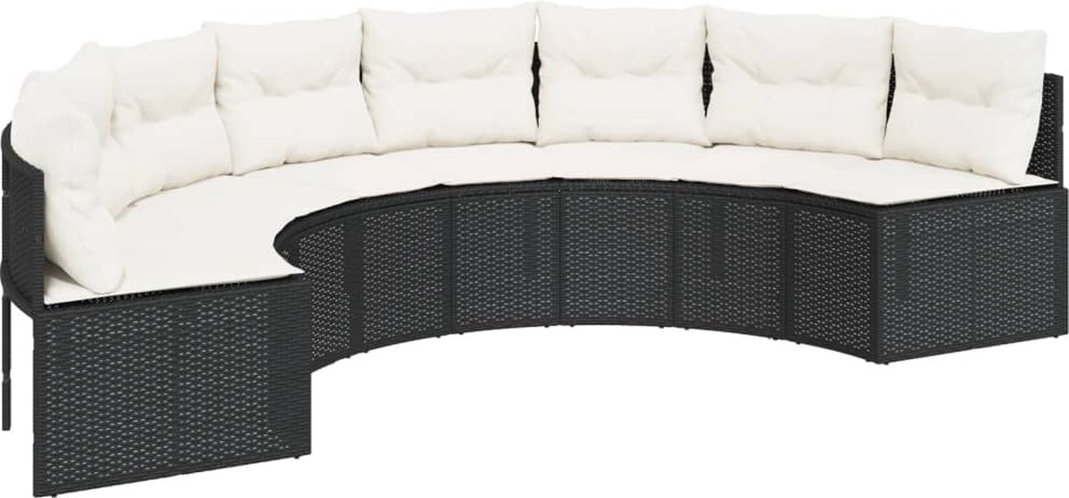 vidaXL Tuinbank - met - kussens - halfrond - poly - rattan - zwart