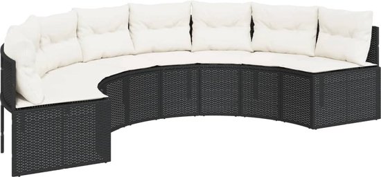 Banc de jardin rond noir avec coussins crème.