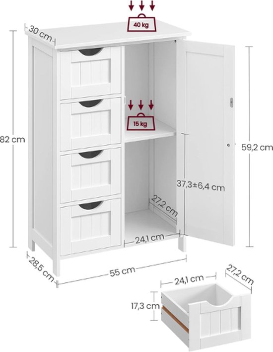 VASAGLE Badkamermeubel, wasmand, opbergkast, met afneembare binnenzak met handgrepen, 1 lade en 1 wasmand, 40 x 40 x 80,2 cm, wolkenwit BBC741W01