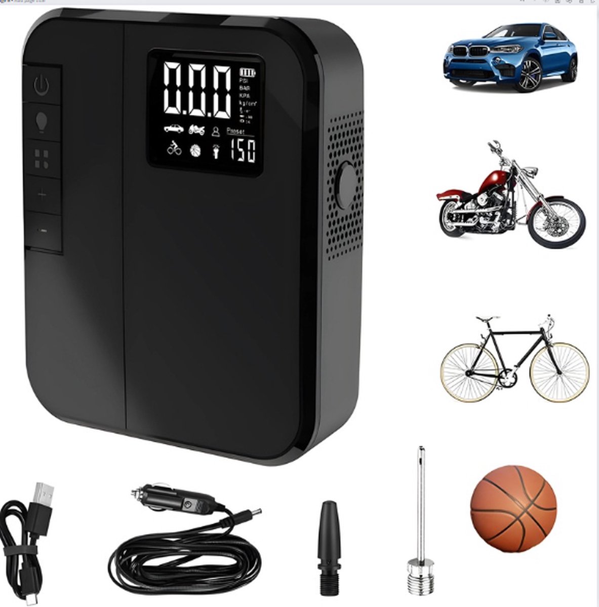 Compressor Bandenpomp – Luchtcompressor – Elektrische Bandenpomp – Draagbaar – Draadloos – Voor Autobanden Fietsbanden en Motorbanden Zwart