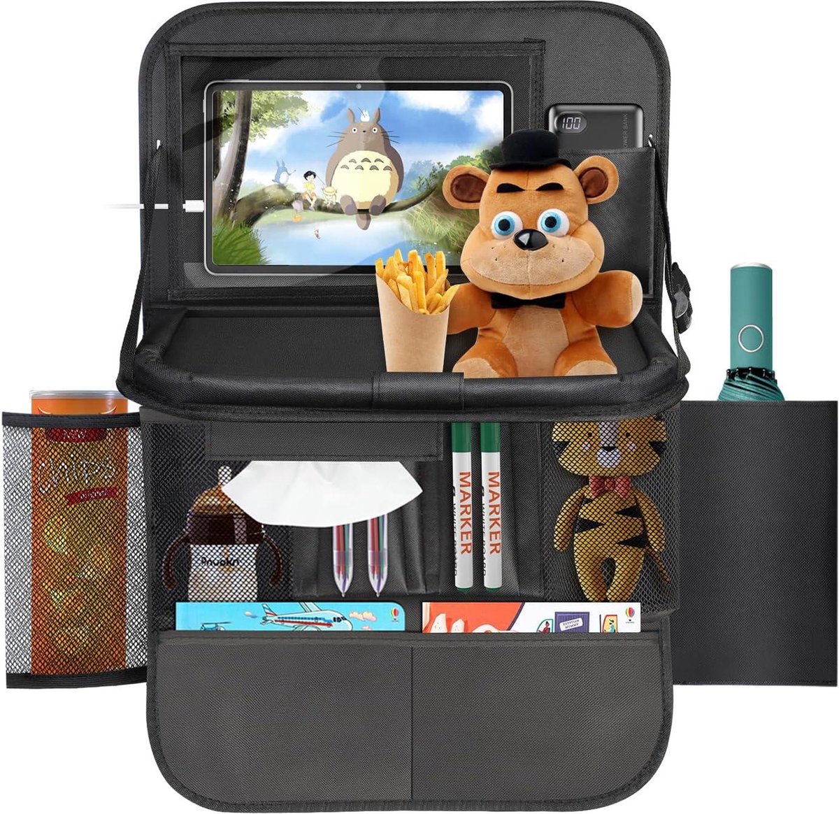 Rugleuningbescherming met opvouwbare tafel - Autoorganizer voor kinderen met 12 inch tablethouder - Waterdichte achterbank-organizer met 13 zakken Auto tafel – foto 8