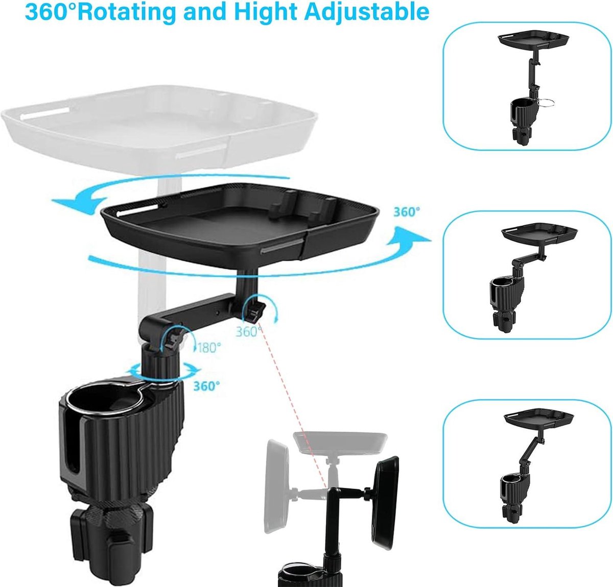 Autotafel, 3-in-1 bekerhouder, tafel met telefoonhouder, bekerhouder en dienblad, 360° verstelbare autotafel, auto-accessoires, voor frites, hamburgers, waterflessen bewaren