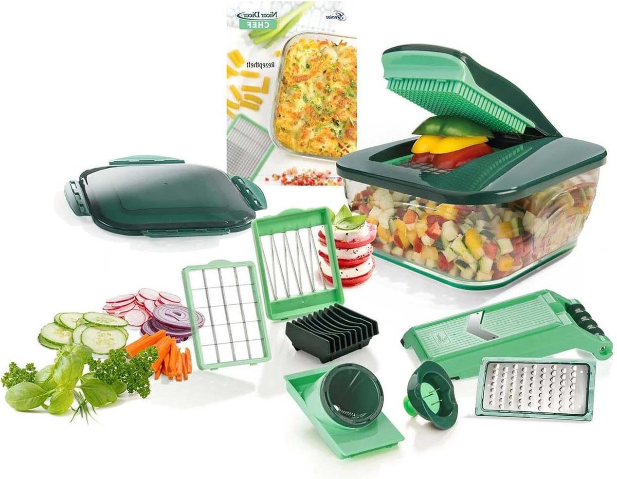 Groentesnijderr Chef Fruitsnijder-groentesnijder-metaal-uiensnijder-hakmolen-groenteschaaf-mandoline-groen Groentesnijder
