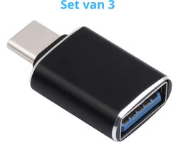 Set van 3 stuks - USB-C naar USB-A Converter - OTG Verloop - Universele USB HUB - Zwart