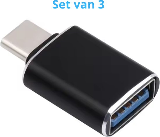 Set van 3 stuks - USB-C naar USB-A Converter - OTG Verloop - Universele USB HUB - Zwart