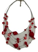 Petra's Sieradenwereld - Laagjesketting rood zwevend met zilverkleurige kraaltjes (951)