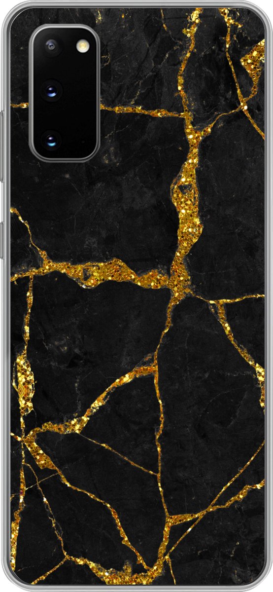 Telefoonhoesje Geschikt voor Samsung Galaxy S20 hoesje - Marmer print - Goud - Zwart - Marmer printlook - Glitter - Siliconen Telefoonhoesje Telefoonhoesje