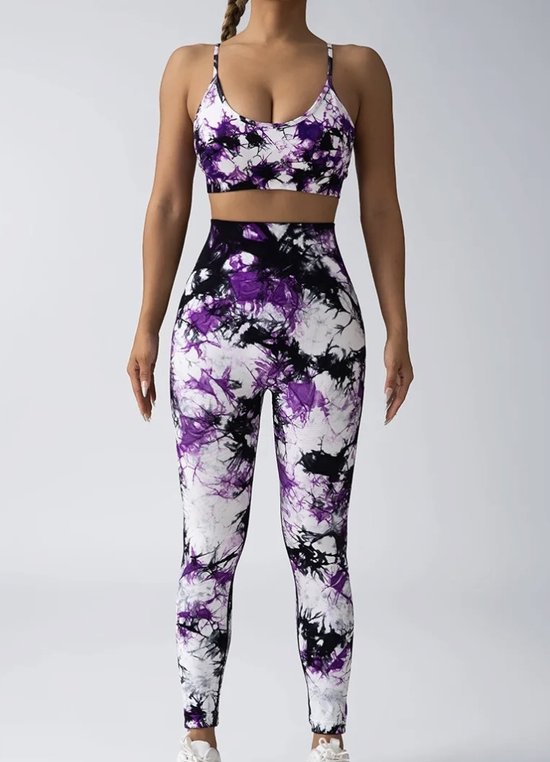 Colorful Summer Tie Dye Gym Set - Taille M - Violet/ Zwart - Leggings de gym - Vêtements de gym - Ensemble de vêtements de sport - Leggings de sport - Vêtements de yoga - Ensemble de yoga - Leggings de yoga