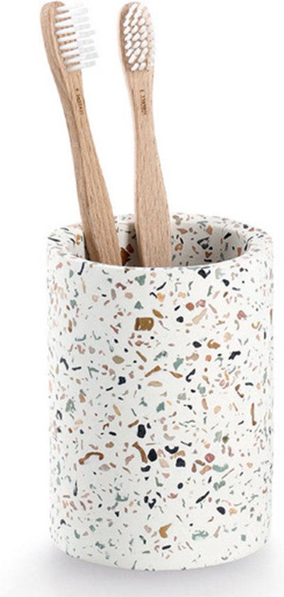 Zeller Gobelet/porte-brosse à dents - blanc - design terrazzo - céramique - rond - 8 x 11 cm