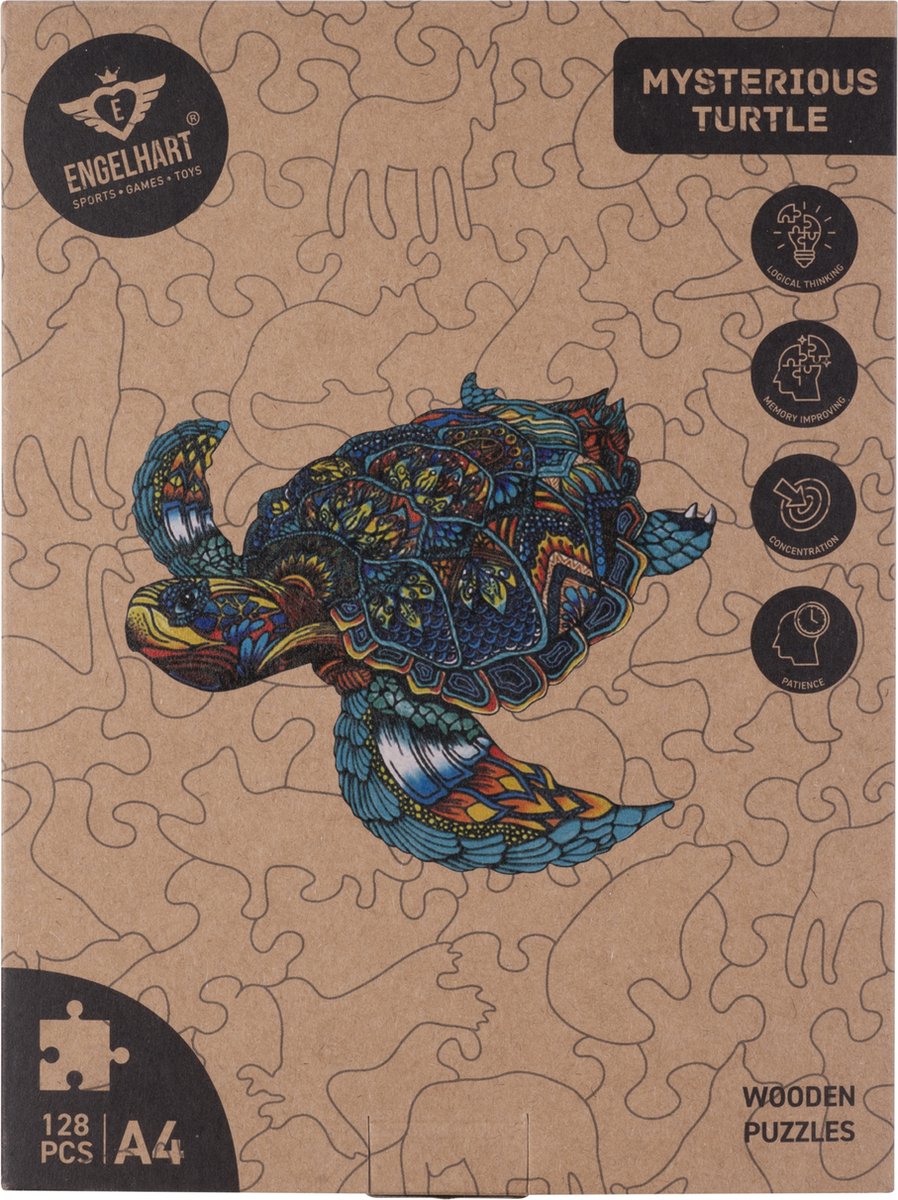 Houten Puzzel Schildpad – 128 Unieke Puzzelstukjes – A4 Formaat Houten Legpuzzel – Dieren Puzzelspel – Ontspannend Denkspel – Inclusief Opbergetui – Engelhart — afbeelding 14
