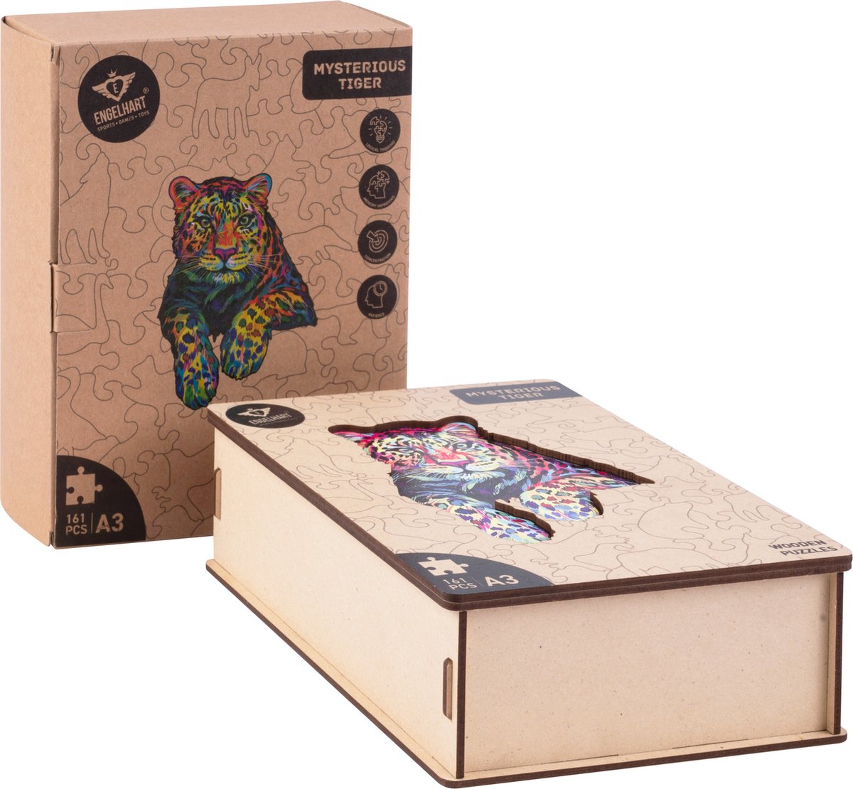 Houten Puzzel Tijger – 161 Unieke Puzzelstukjes – A3 Formaat Grote Houten Legpuzzel – Dieren Puzzelspel – Uitdagend Denkspel – Inclusief Opbergetui – Engelhart — afbeelding 7