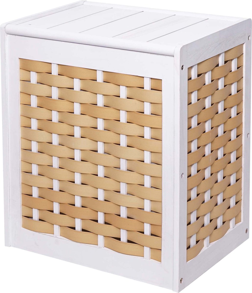 Goedkoopste Wasmand MCW-G37, wasverzamelaar wassorteerder wasbox, massief houten shabby-look rieten 61x51x35cm ~ wit