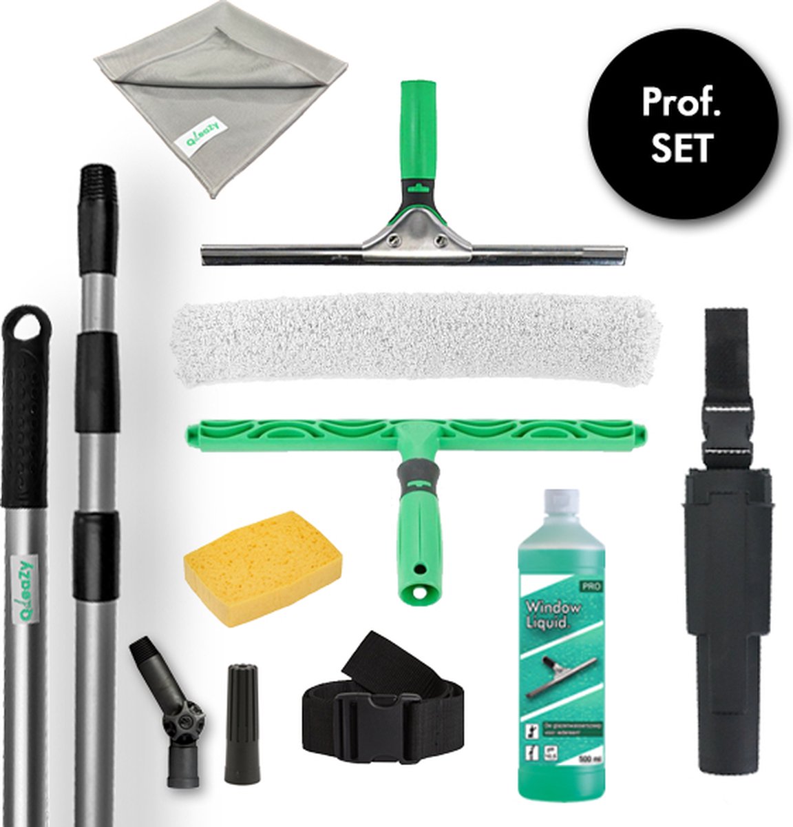 Goedkoopste All-IN-ONE Professionele Glasreinigingsset - Unger Raamtrekker, Inwasser. Telescoopsteel 4m, Bucket Riem, Glasdoek, Window Liquid. & Azella Spons