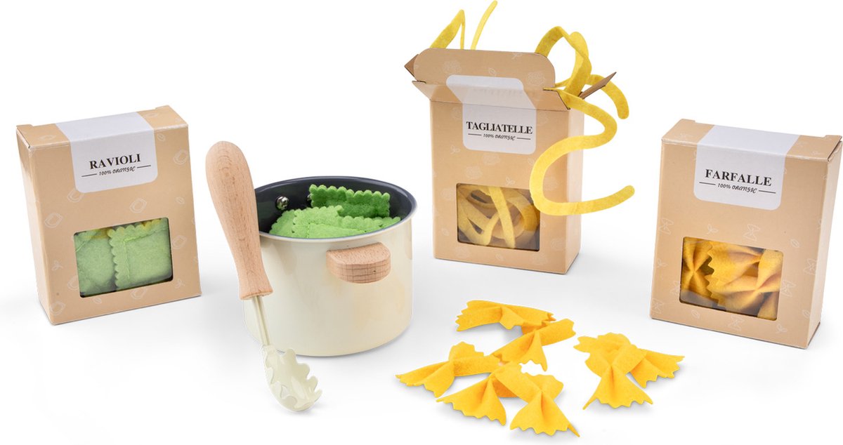 Woet® Houten Speelgoed Pasta Set - 'Maak je eigen pasta' Speelgoedset - FSC - Inclusief Ravioli, Tagliatelle, Farfalle & Saus - Speelgoedeten - Rollenspel Keukenset - Vanaf 3 Jaar — afbeelding 11