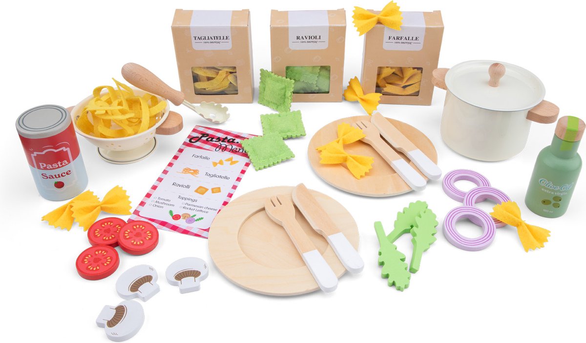 Woet® Houten Speelgoed Pasta Set - 'Maak je eigen pasta' Speelgoedset - FSC - Inclusief Ravioli, Tagliatelle, Farfalle & Saus - Speelgoedeten - Rollenspel Keukenset - Vanaf 3 Jaar — afbeelding 4