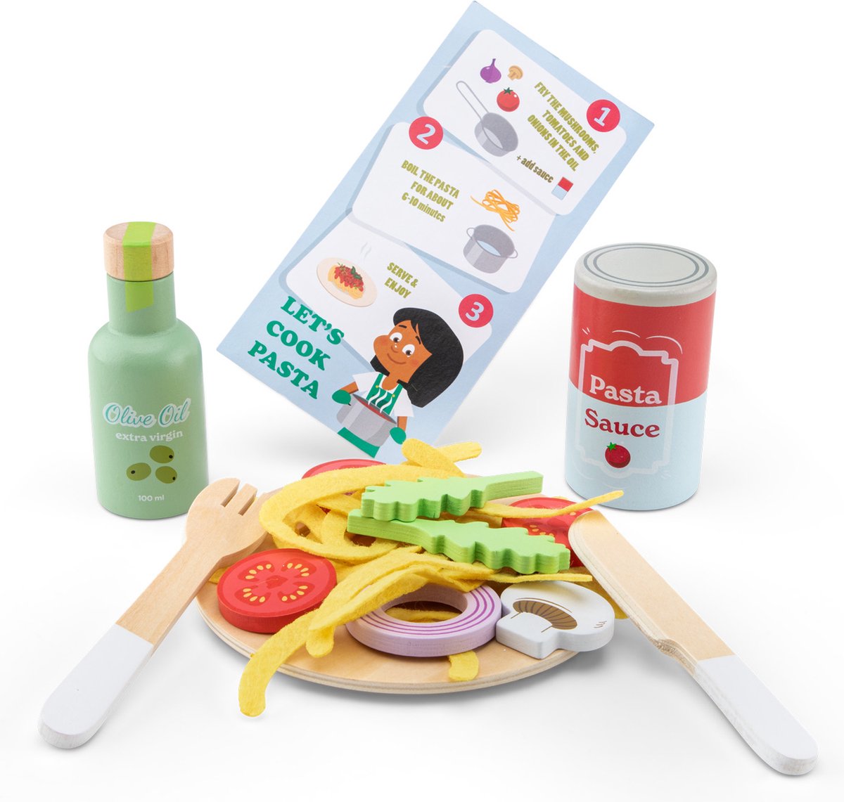 Woet® Houten Speelgoed Pasta Set - 'Maak je eigen pasta' Speelgoedset - FSC - Inclusief Ravioli, Tagliatelle, Farfalle & Saus - Speelgoedeten - Rollenspel Keukenset - Vanaf 3 Jaar — afbeelding 3