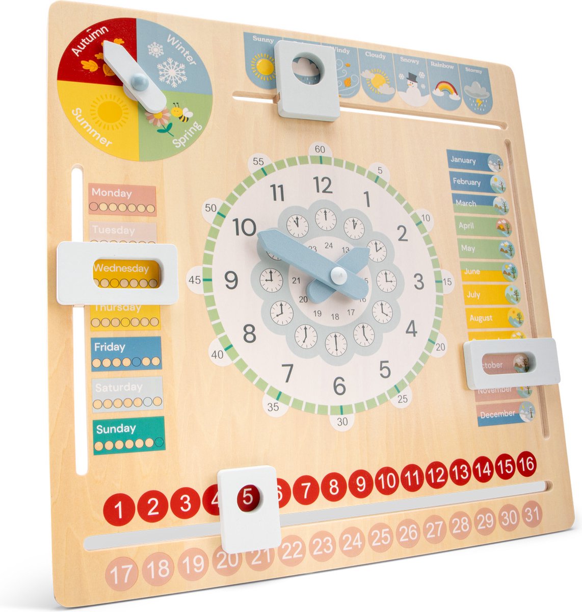 Woet® Houten Kalenderklok ENGELSTALIG - Leer Klokkijken - Leerklok - Weet jij welke dag het is? Hoe laat is het? Schijnt de zon? - Dagen, Maanden, Seizoenen & Weer - Educatief Speelgoed - Vanaf 3 Jaar — afbeelding 4