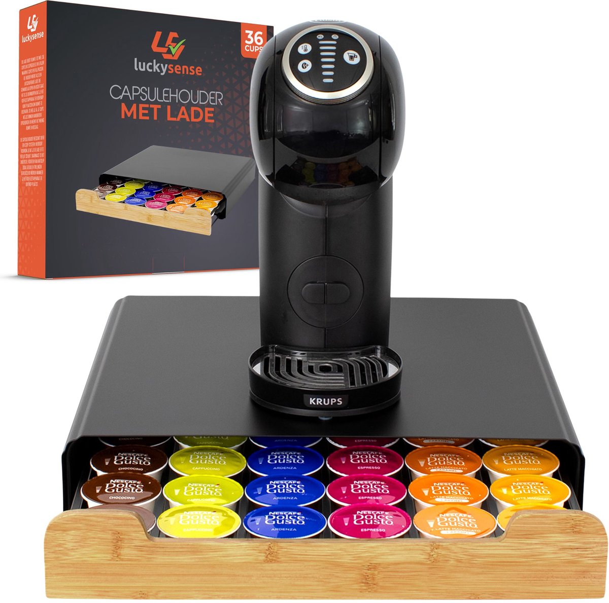LuckySense Capsulehouder met Lade – Koffiecups houder – Geschikt voor Dolce Gusto – 36 Cups RVS Zwart met Bamboe
