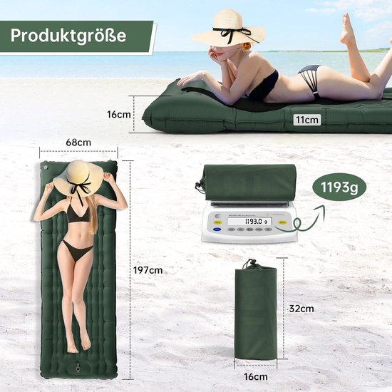 Opblaasbare slaapmat 11 cm zelfopblazend - upgrade airbag campingmatras met voetpomp en hoofdkussen - legergroen van FLOWZOOM — afbeelding 3